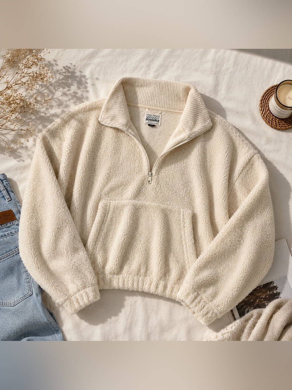 American Eagle Seriously Huggable Cream Sherpa Quarter Zip Pullover Large